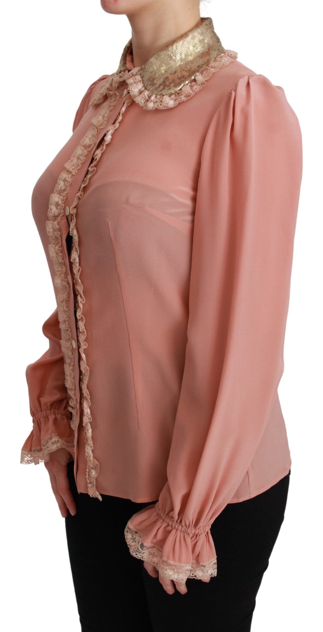 Dolce & Gabbana Elegant Pink Lace Silk Blouse with Gold Sequins