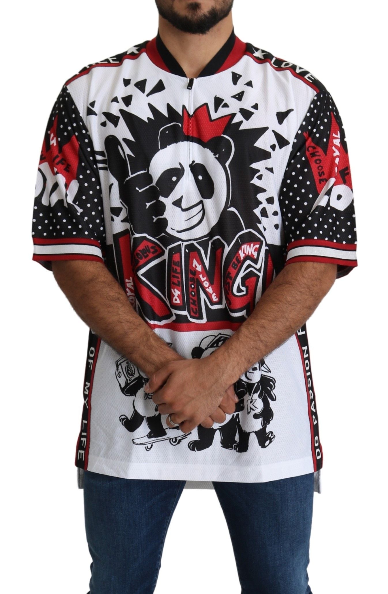 Dolce & Gabbana Chic White King Panda Print Zipper Collar Tee