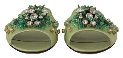 Dolce & Gabbana Elegant Crystal-Embellished Green Leather Slides