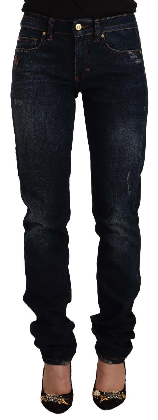 GF Ferre Chic Mid-Waist Skinny Jeans in Dark Blue Wash