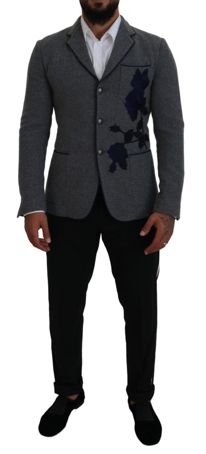 Dolce & Gabbana Elegant Gray Wool Blazer with Blue Rose Embroidery