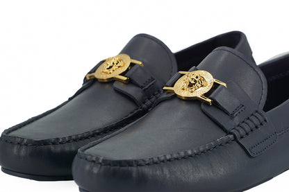 Versace Elegant Navy Blue Calf Leather Loafers