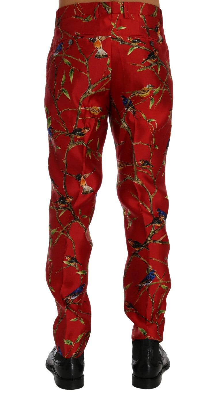 Dolce & Gabbana Elegant Silk Dress Trousers in Red Bird Print