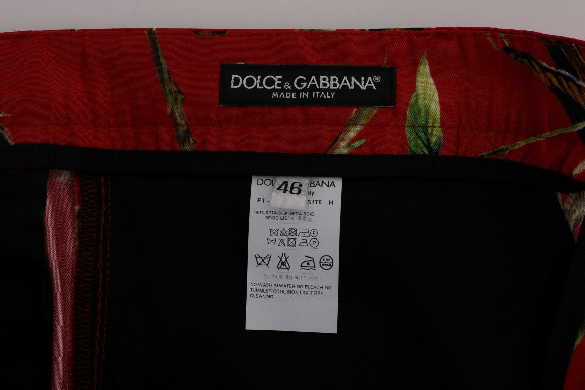 Dolce & Gabbana Elegant Silk Dress Trousers in Red Bird Print