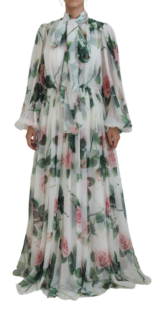 Dolce & Gabbana Elegant White Silk Maxi Dress with Rose Print