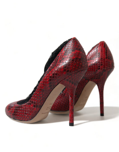 Dolce & Gabbana Red Almond Toe Snakeskin Pumps with Lace Socks