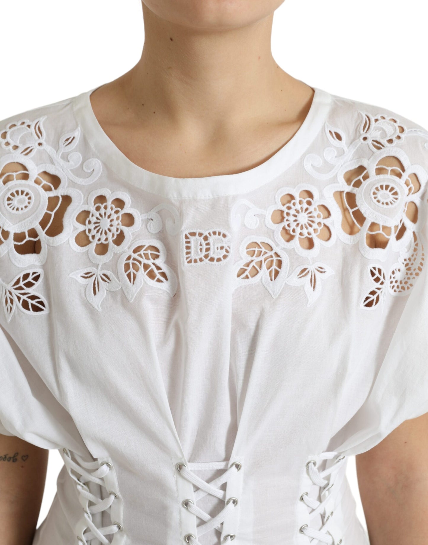 Dolce & Gabbana Elegant White Floral Lace-Up Blouse