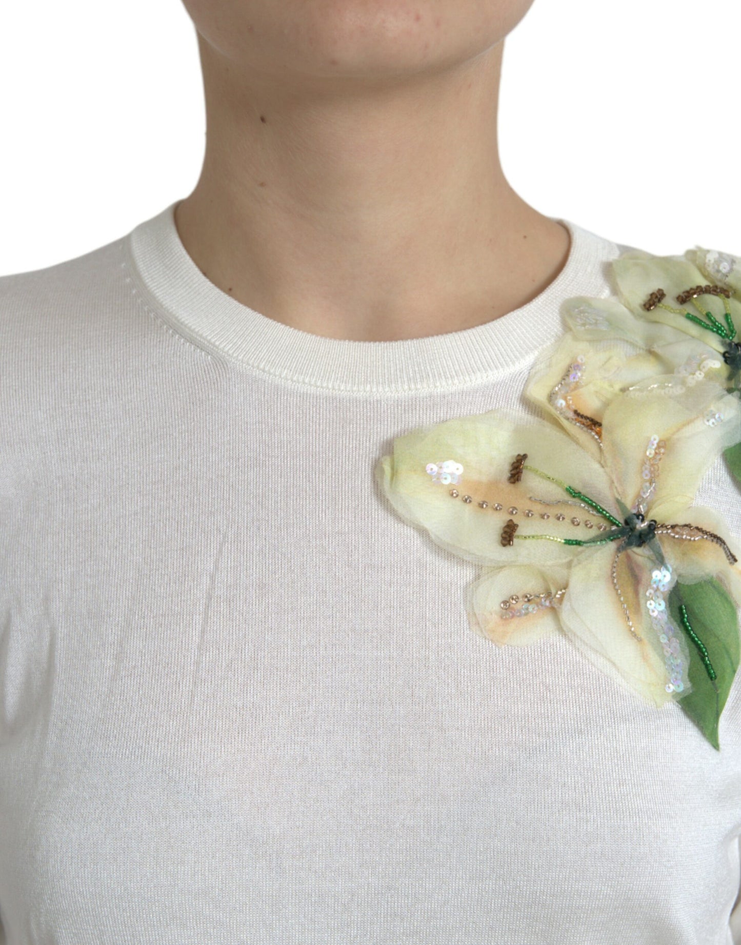 Dolce & Gabbana Silk Floral Applique Pullover Sweater