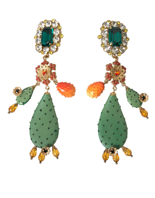 Dolce & Gabbana Green Cactus Crystal Clip On Jewelry Dangling Earrings