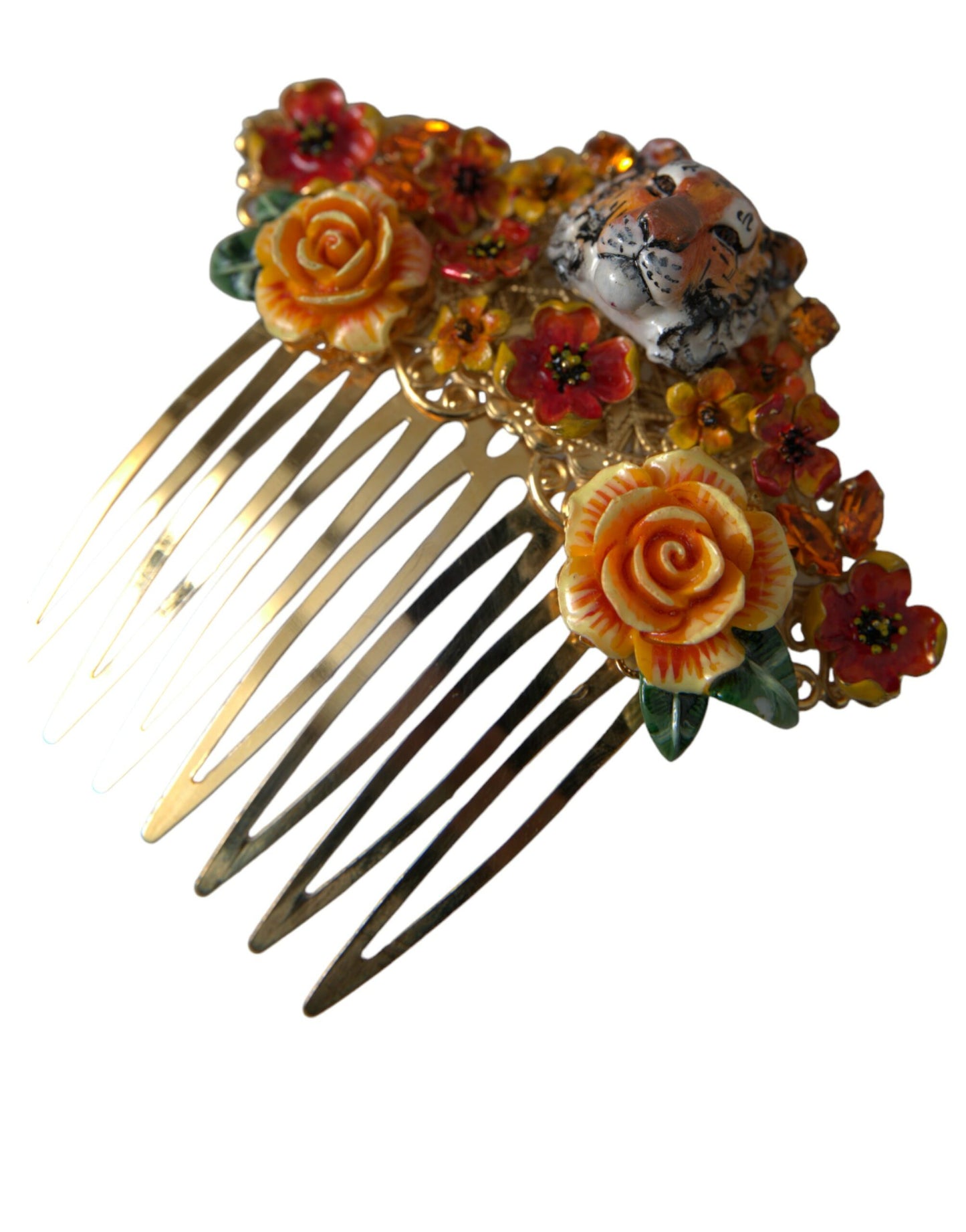 Dolce & Gabbana Gold Brass Crystal Leopard Floral Hair Comb