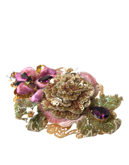 Dolce & Gabbana Gold Brass Floral Crystal Sequined Hair Clip