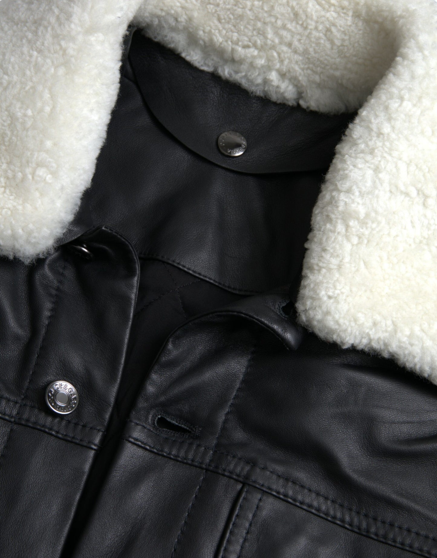 Dolce & Gabbana Black Leather Fur Collar Biker Coat Jacket