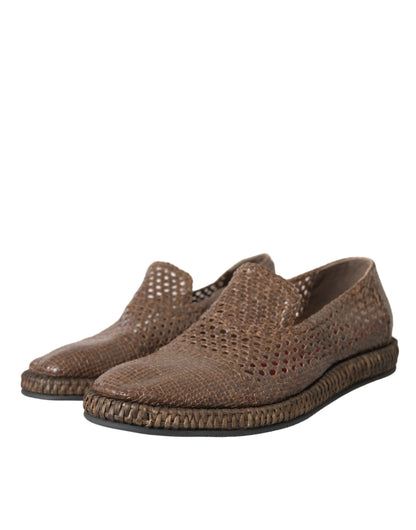 Dolce & Gabbana Brown Woven Leather Loafers Casual Shoes