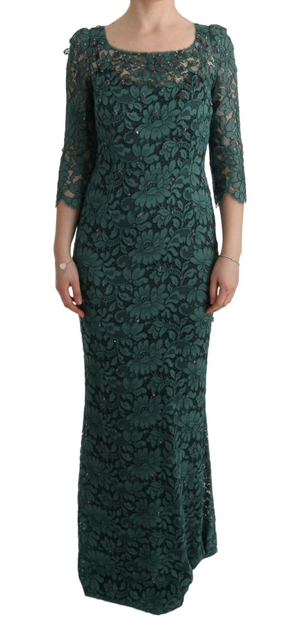 Dolce & Gabbana Elegant Green Crystal Embellished Sheath Dress