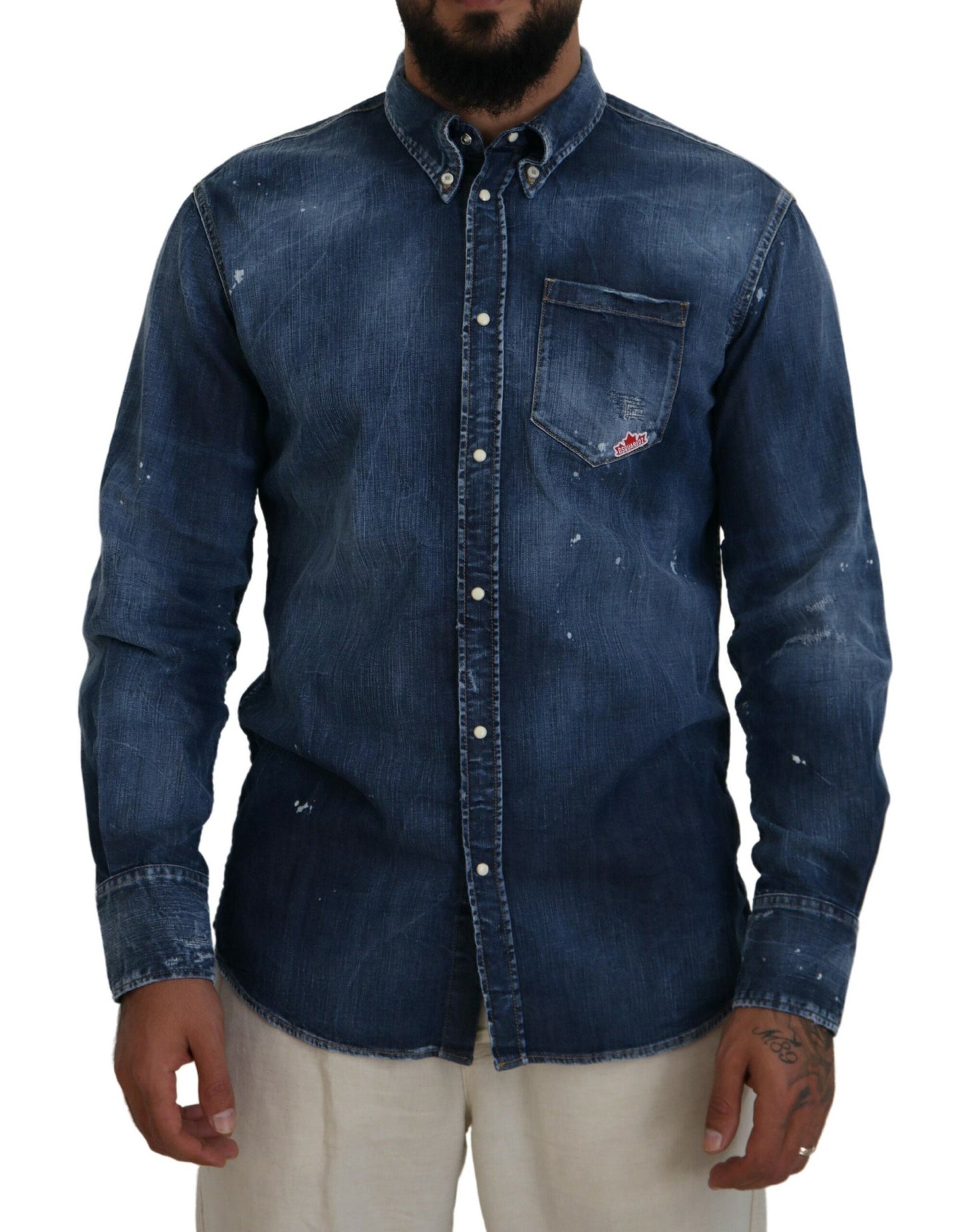 Dsquared² Blue Washed Collared Men Casual Long Sleeves Shirt