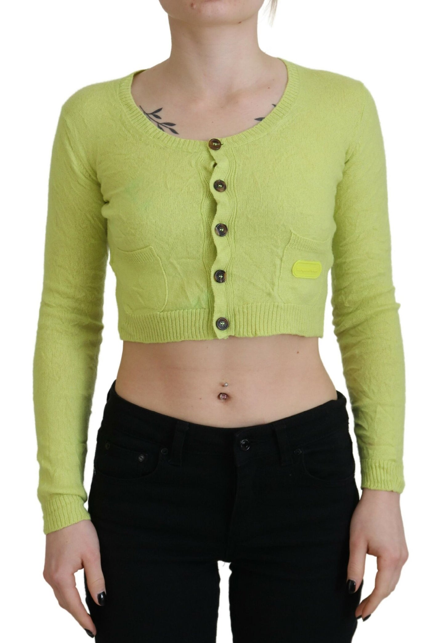 Dsquared² Yellow Green Cashmere Long Sleeves Cropped Sweater