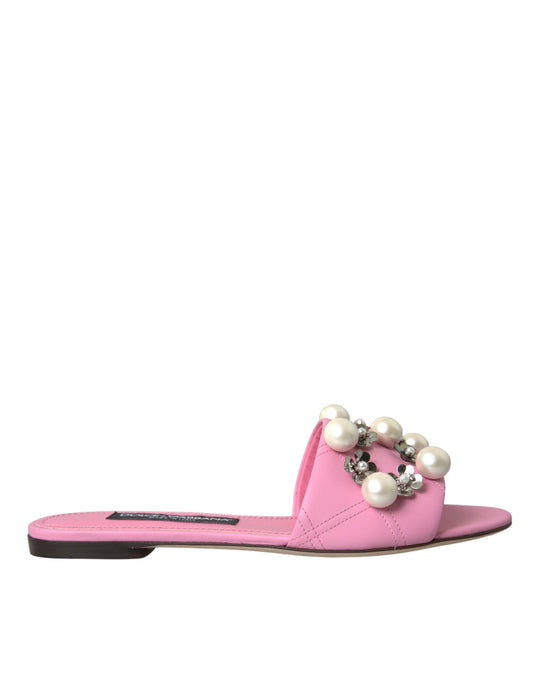 Dolce & Gabbana Pink Embellished Leather Flats Sandals Shoes