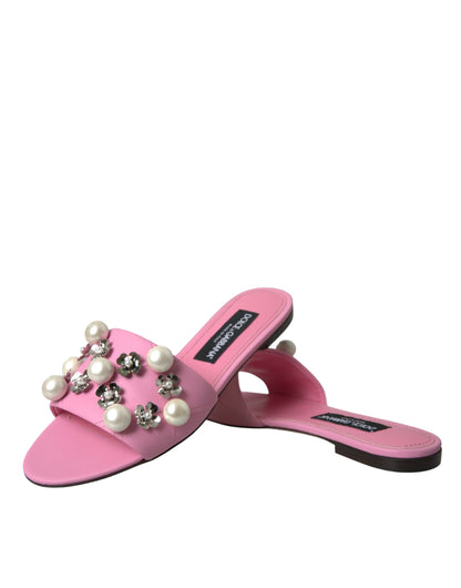 Dolce & Gabbana Pink Embellished Leather Flats Sandals Shoes