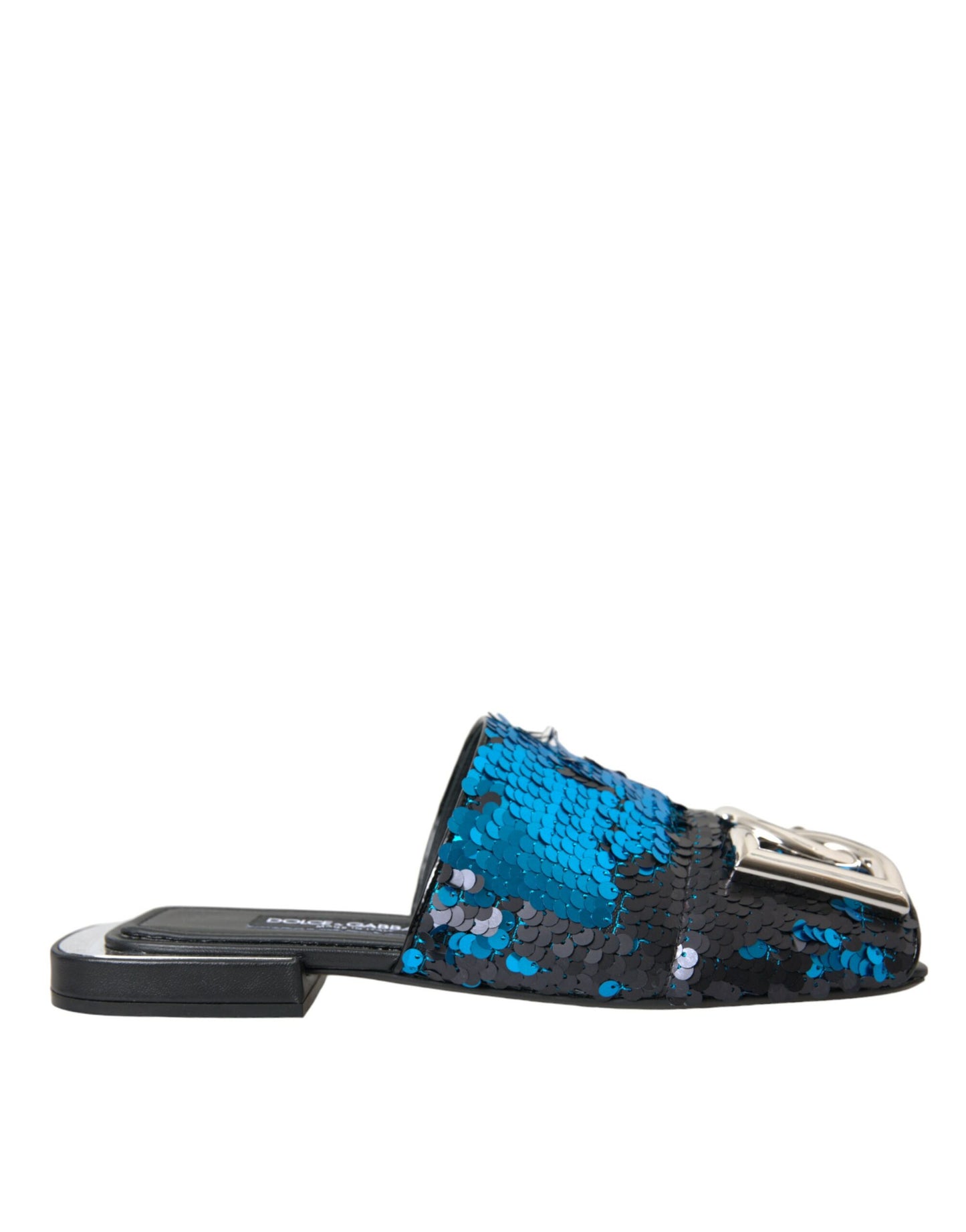 Dolce & Gabbana Blue Sequin Logo Slides Sandals Shoes