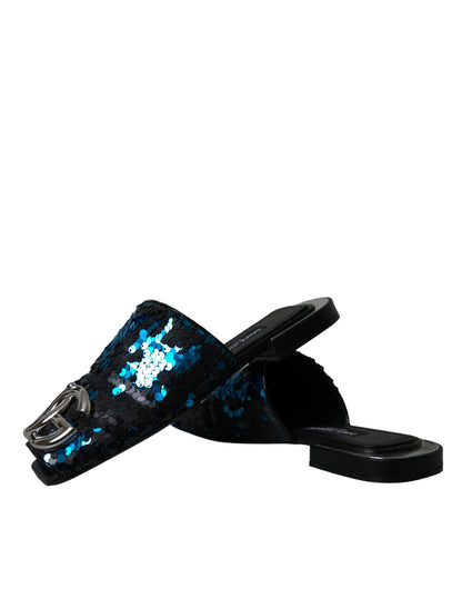 Dolce & Gabbana Blue Sequin Logo Slides Sandals Shoes