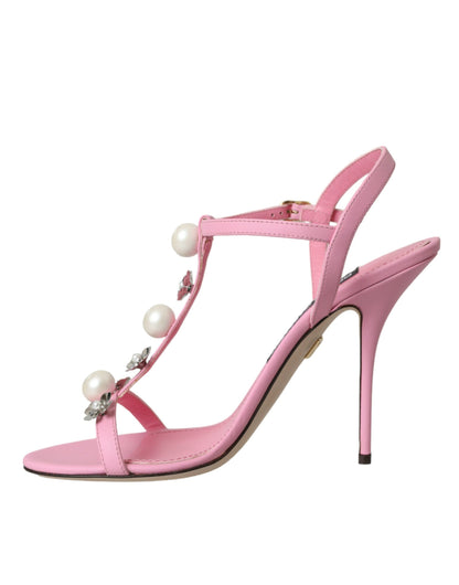 Dolce & Gabbana Pink Leather Embellished Heels Sandals Shoes