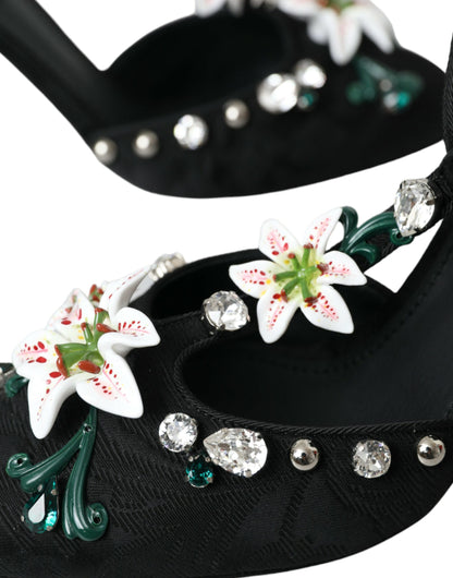 Dolce & Gabbana Black Lilies Crystal Heels Pumps Shoes