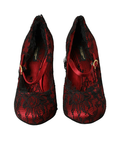 Dolce & Gabbana Red Black Floral Lace Mary Jane Pumps Shoes