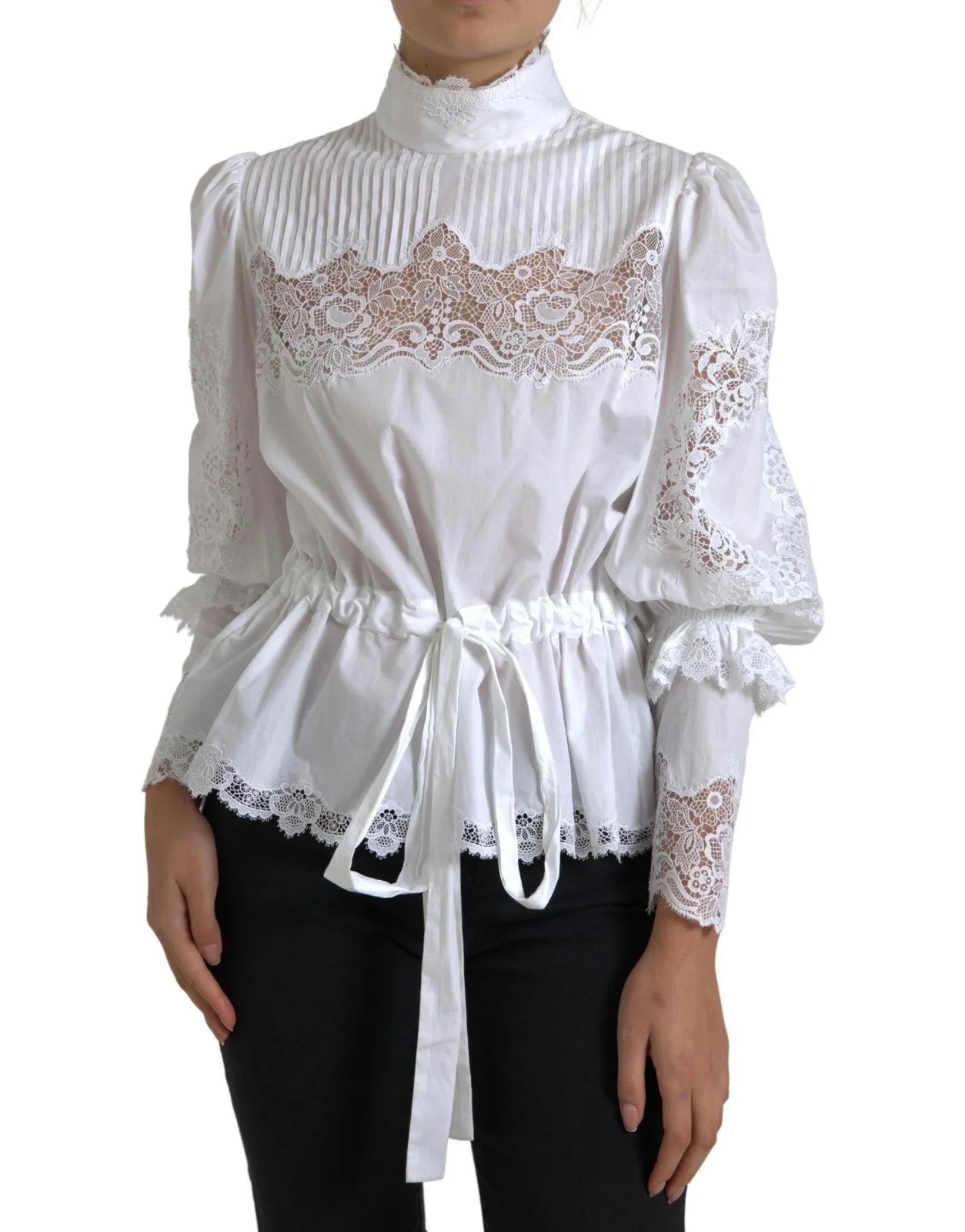 Dolce & Gabbana White Cotton Lace Trim Turtle Neck Top Blouse