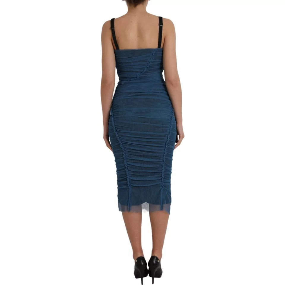 Dolce & Gabbana Blue Mesh Trim Ruched Tulle Sheath Dress