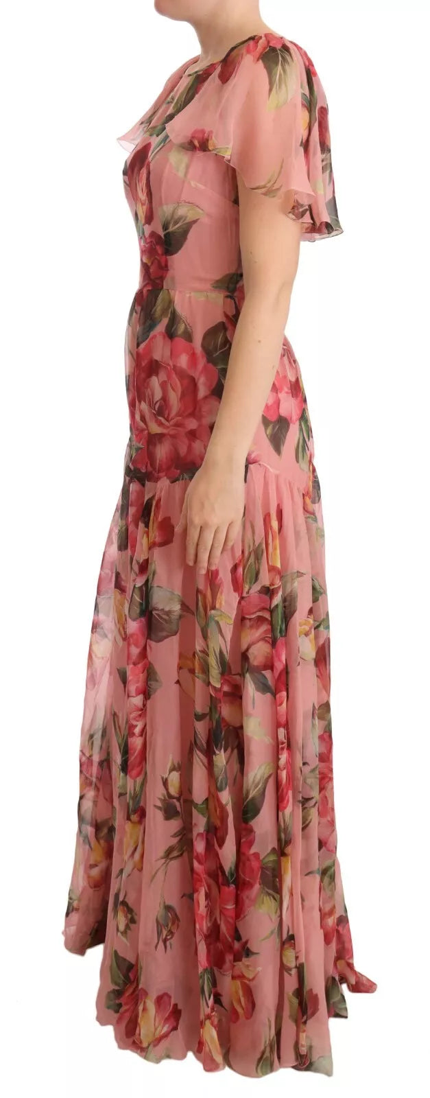 Dolce & Gabbana Pink Silk Floral Print Layered Maxi Dress