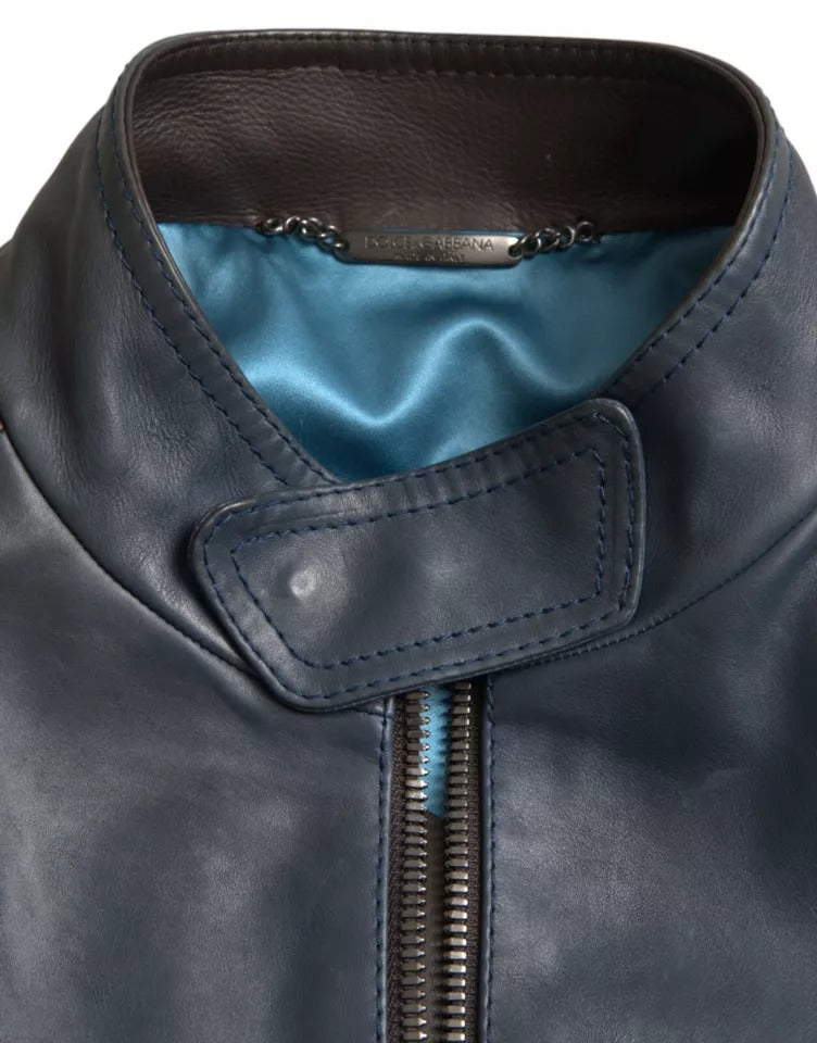 Dolce & Gabbana Blue Leather Full Zip Biker Blouson Jacket