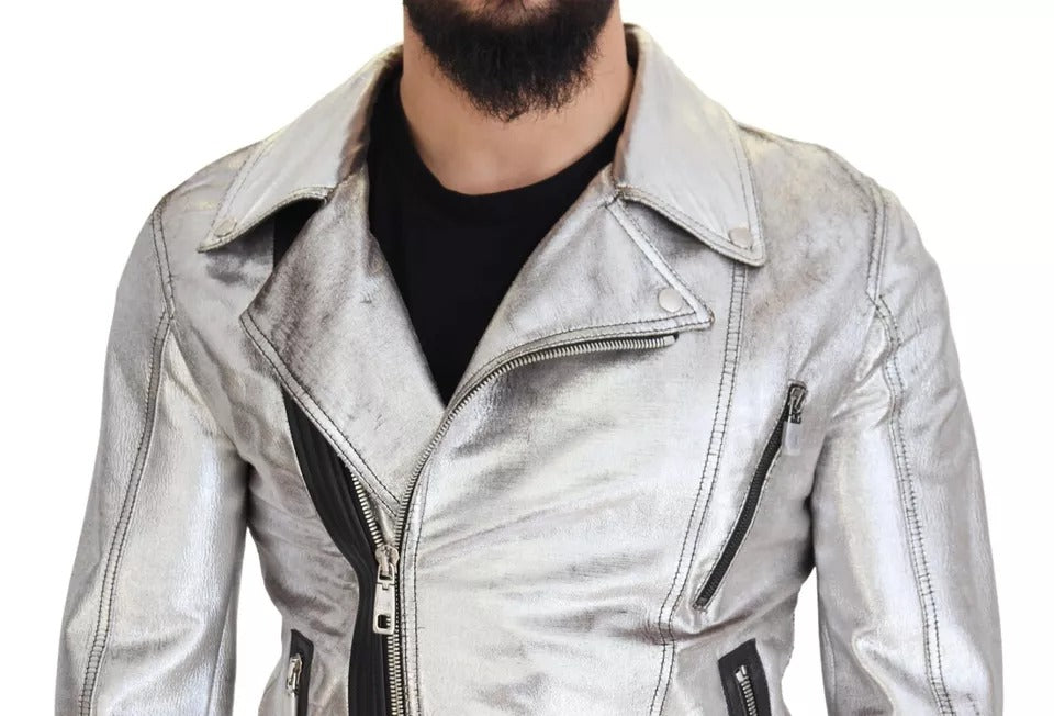 Dolce & Gabbana Silver Leather Biker Coat Lambskin Jacket