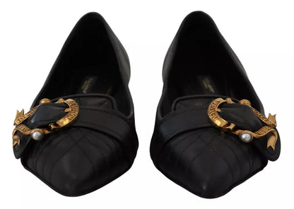 Dolce & Gabbana Black Devotion Leather Pointy Flats Shoes