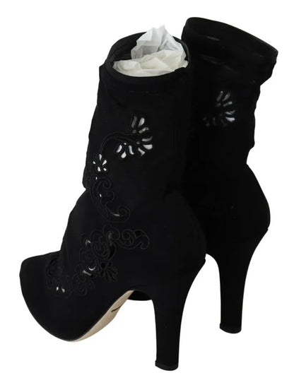 Dolce & Gabbana Black Stretch Pumps Boots Floral Lace Shoes