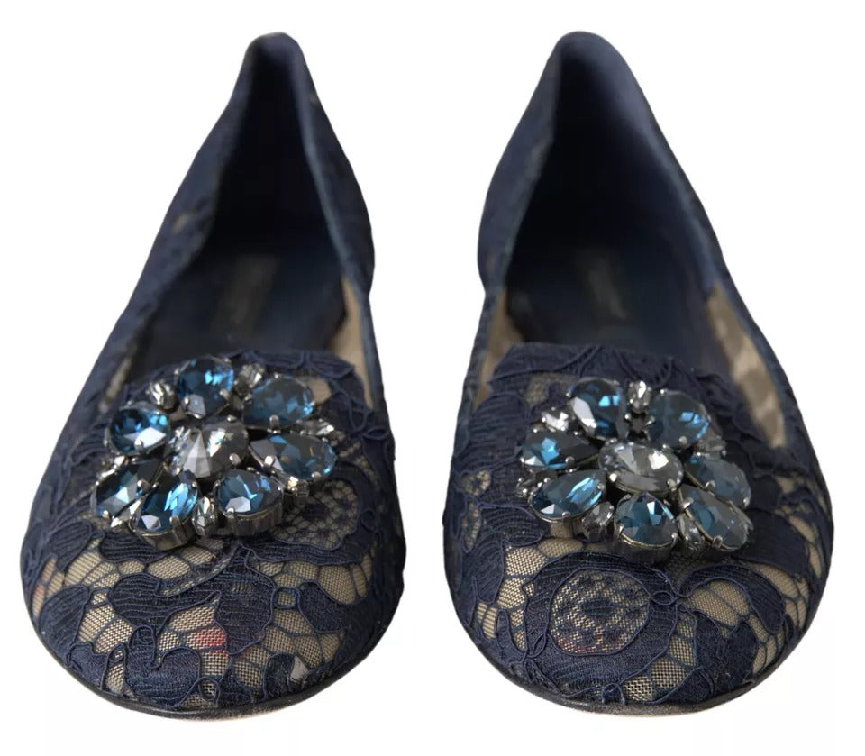 Dolce & Gabbana Blue Taormina Lace Crystals Flats Shoes