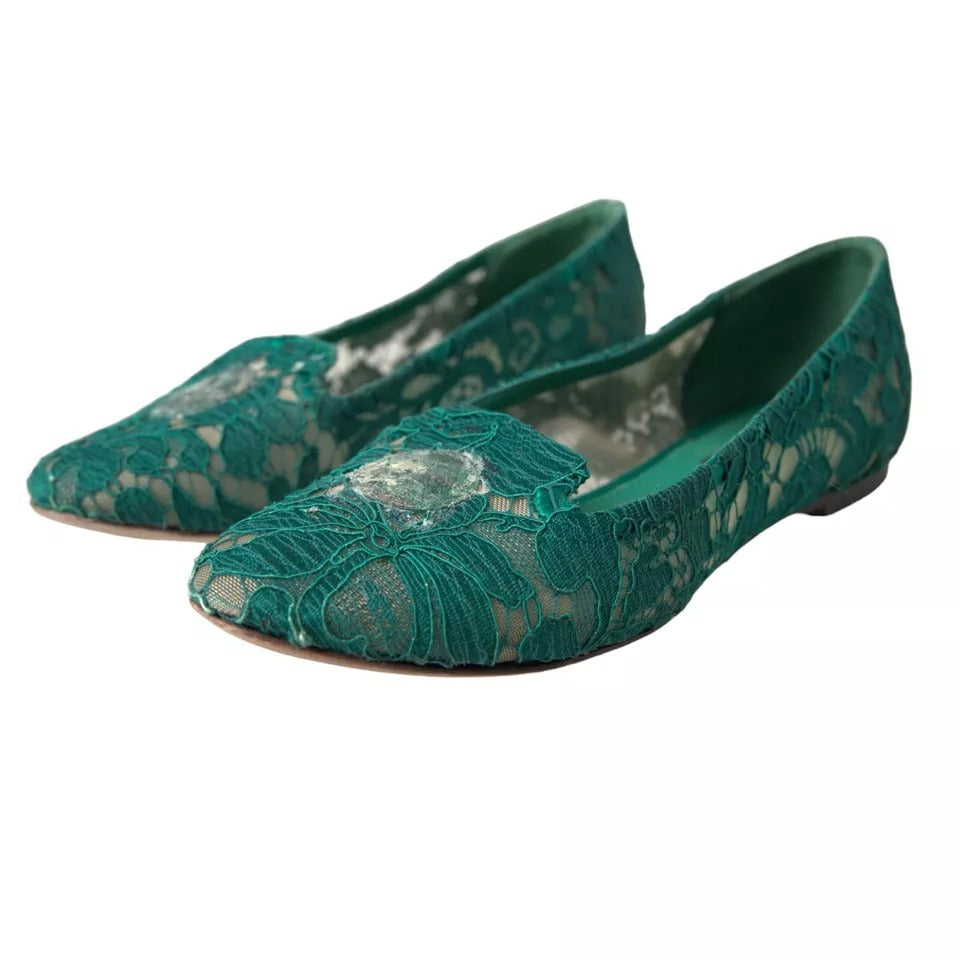 Dolce & Gabbana Green Taormina Lace Slip On Flats Shoes