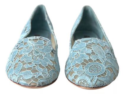 Dolce & Gabbana Light Blue Floral Lace Loafers Flats Shoes