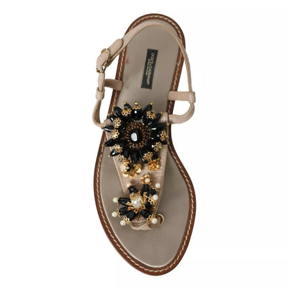 Dolce & Gabbana Beige Satin Gold Beaded Flats Slides Sandals Shoes