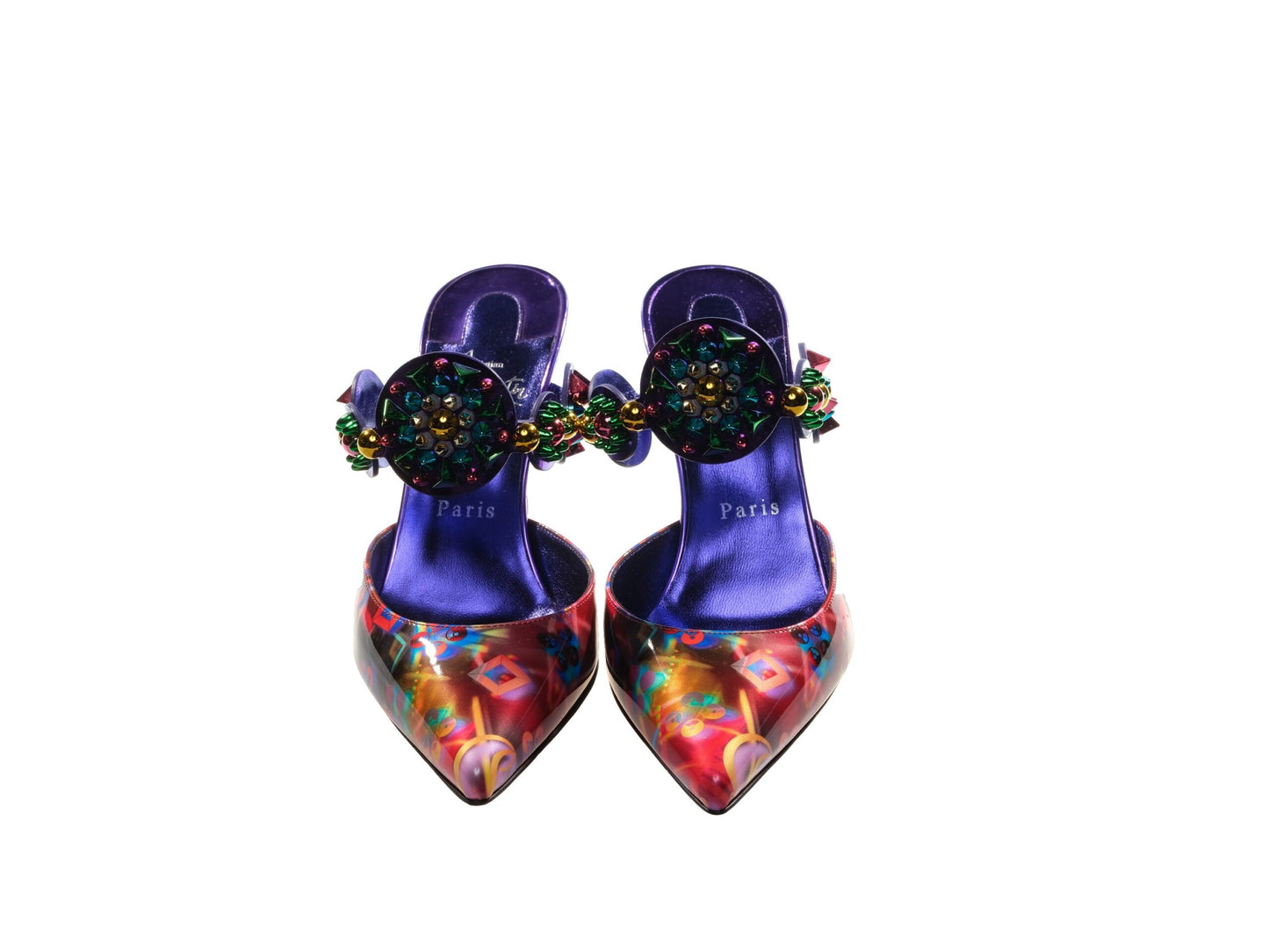 Christian Louboutin Miss Goldora 85 Embellished Buckle Multicolour Mule Heels