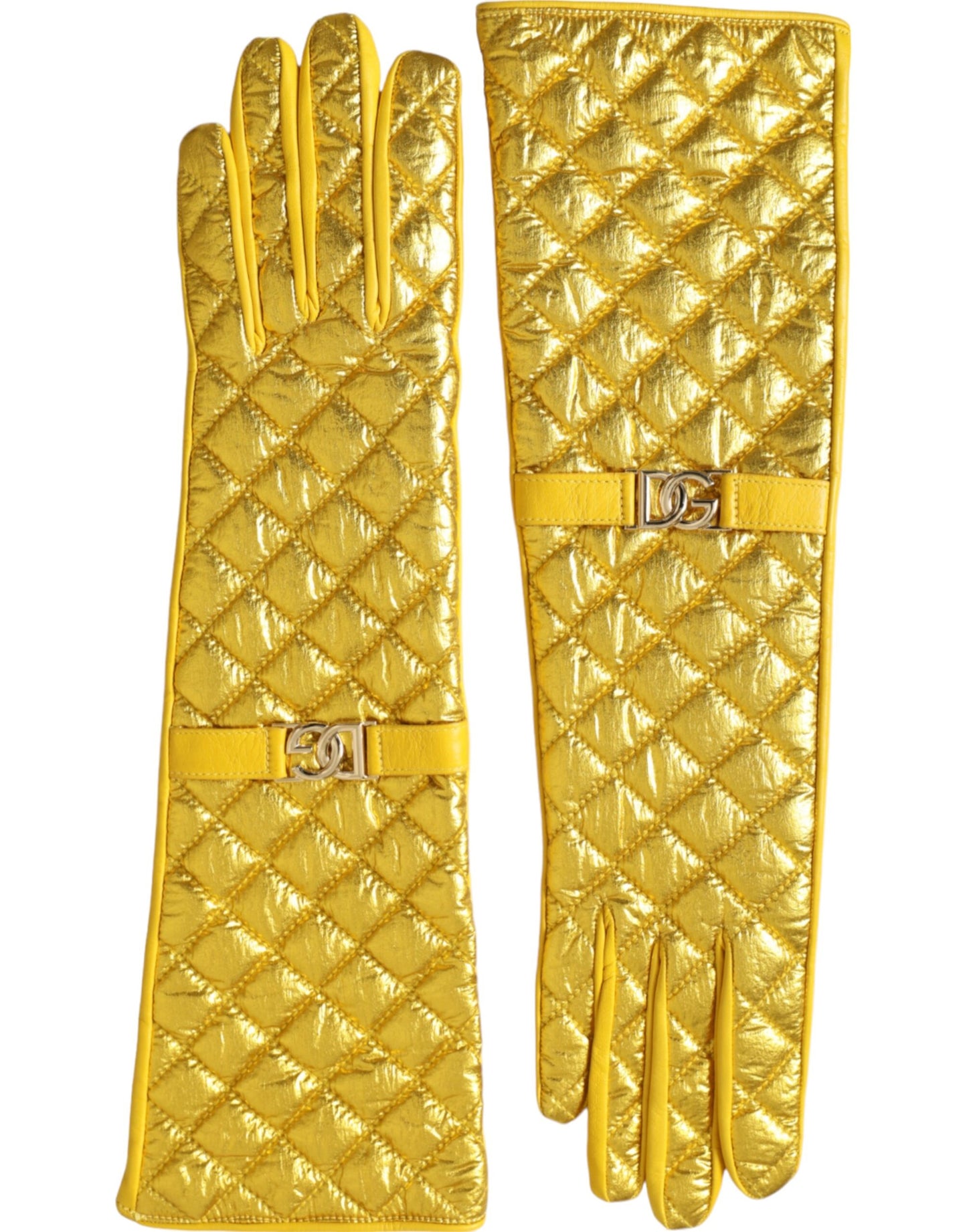 Dolce & Gabbana Gold Leather Quilted Mid Arm Length Gloves