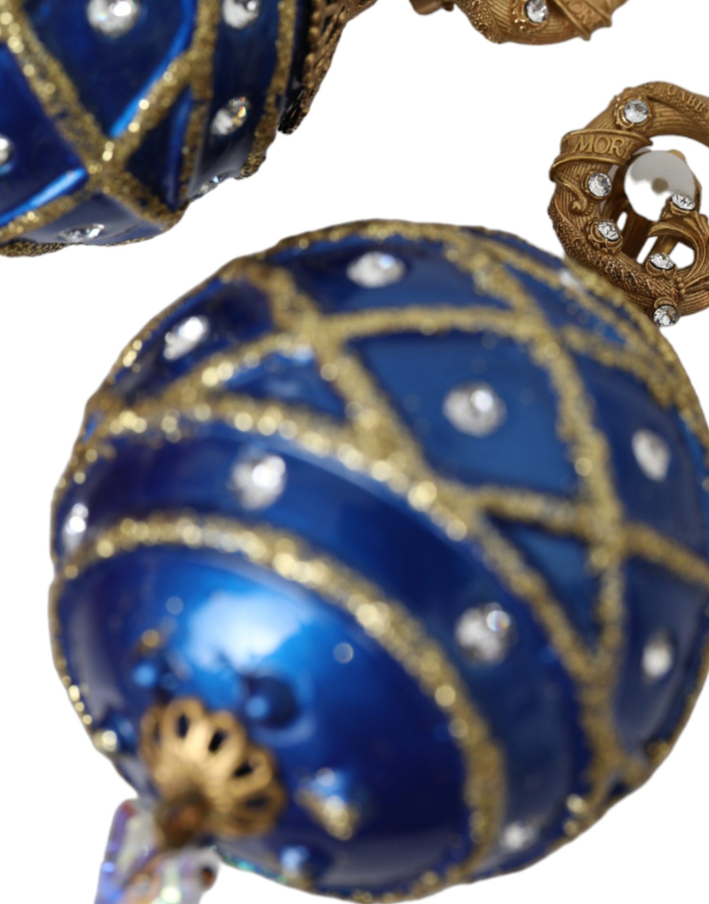 Dolce & Gabbana Gold Brass Blue Dangle Christmas Ball Crystal Clip On Earrings