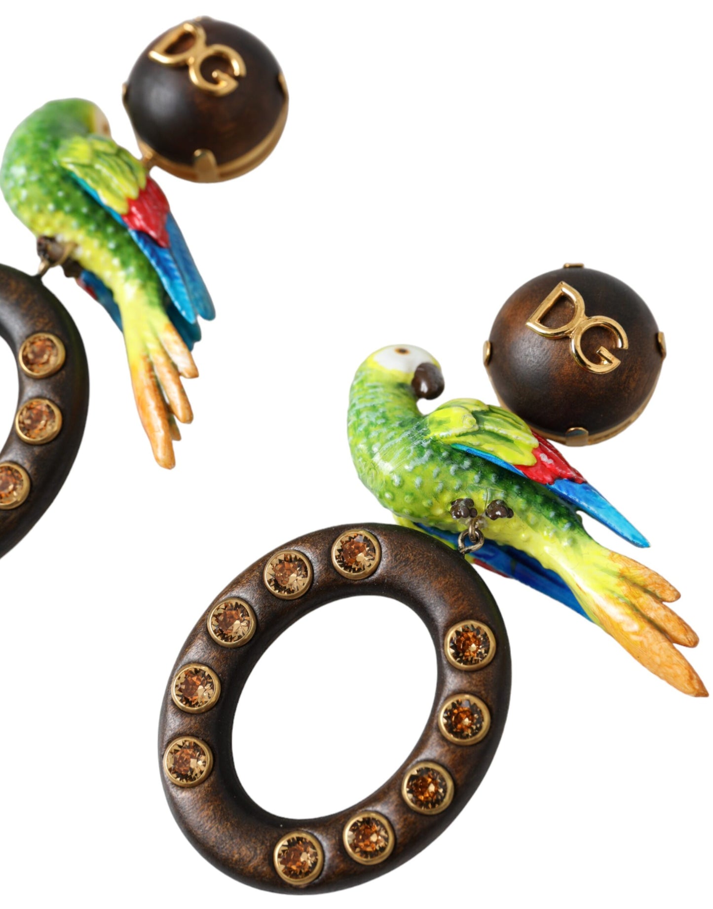 Dolce & Gabbana Multicolor Parrot Wood Brass Crystal Embellished Earrings