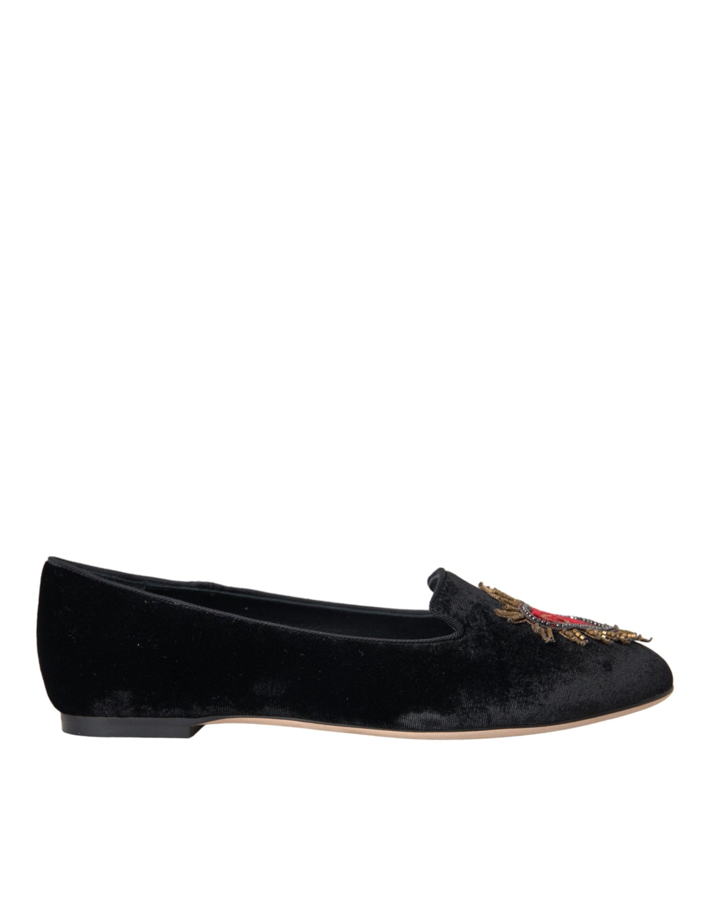 Dolce & Gabbana Black Velvet DG Heart Loafers Flats Shoes