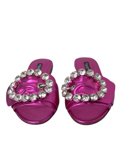 Dolce & Gabbana Fuchsia Crystal Leather Flats Sandals Shoes