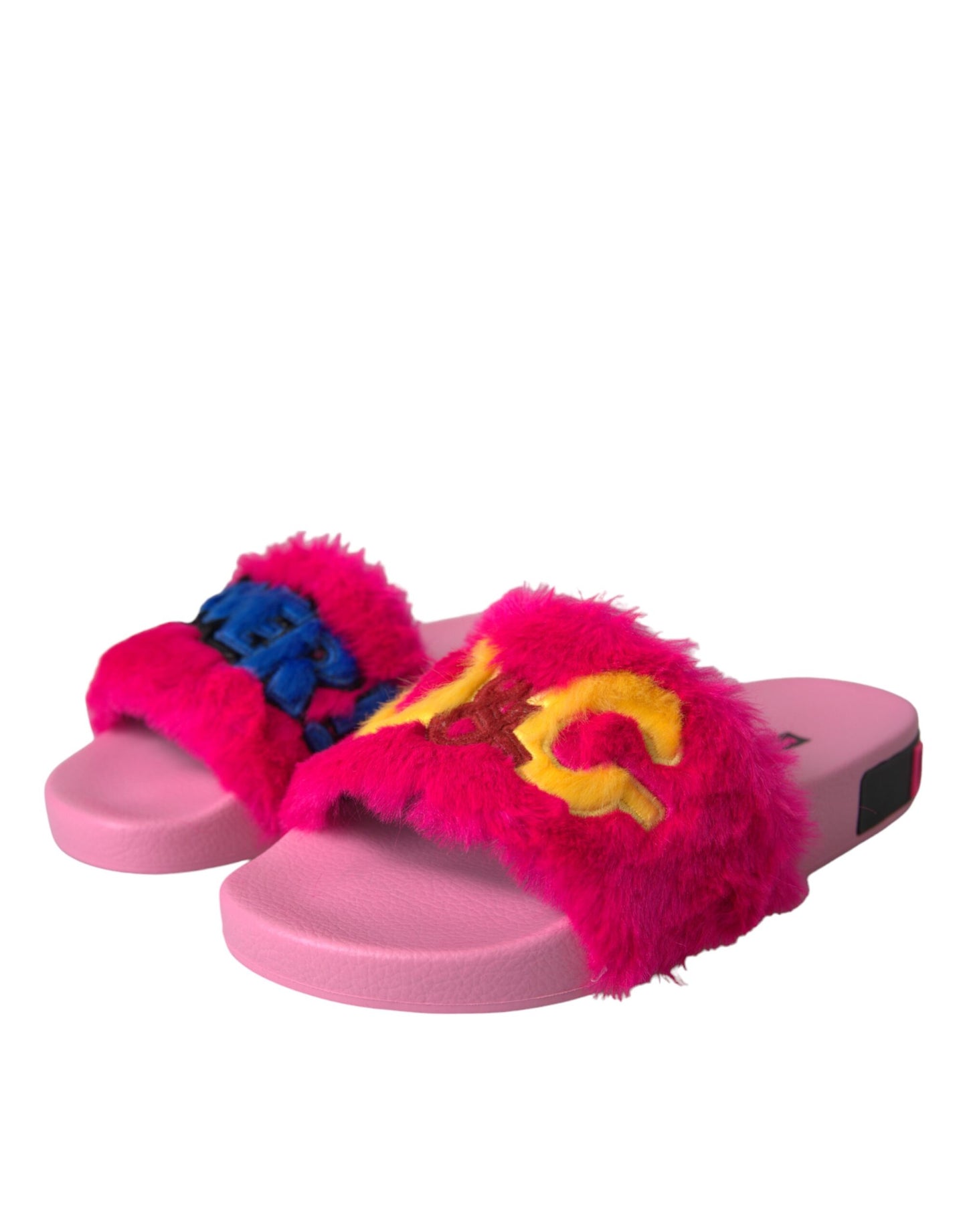 Dolce & Gabbana Multicolor Embroidered Fur Slides Sandals Shoes