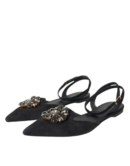 Dolce & Gabbana Black Leather Crystal Slingback Sandals Shoes