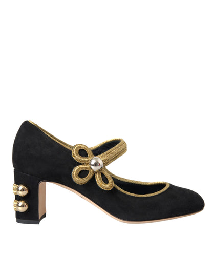 Dolce & Gabbana Black Suede Gold Mary Janes Heels Pumps Shoes