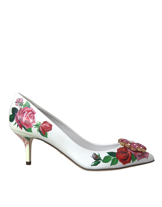 Dolce & Gabbana White Leather Roses Crystal Bellucci Pumps Shoes