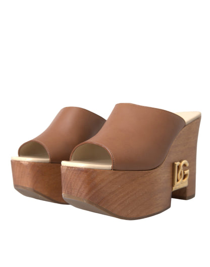 Dolce & Gabbana Brown Leather Wood Mules Wedge Slides Shoes