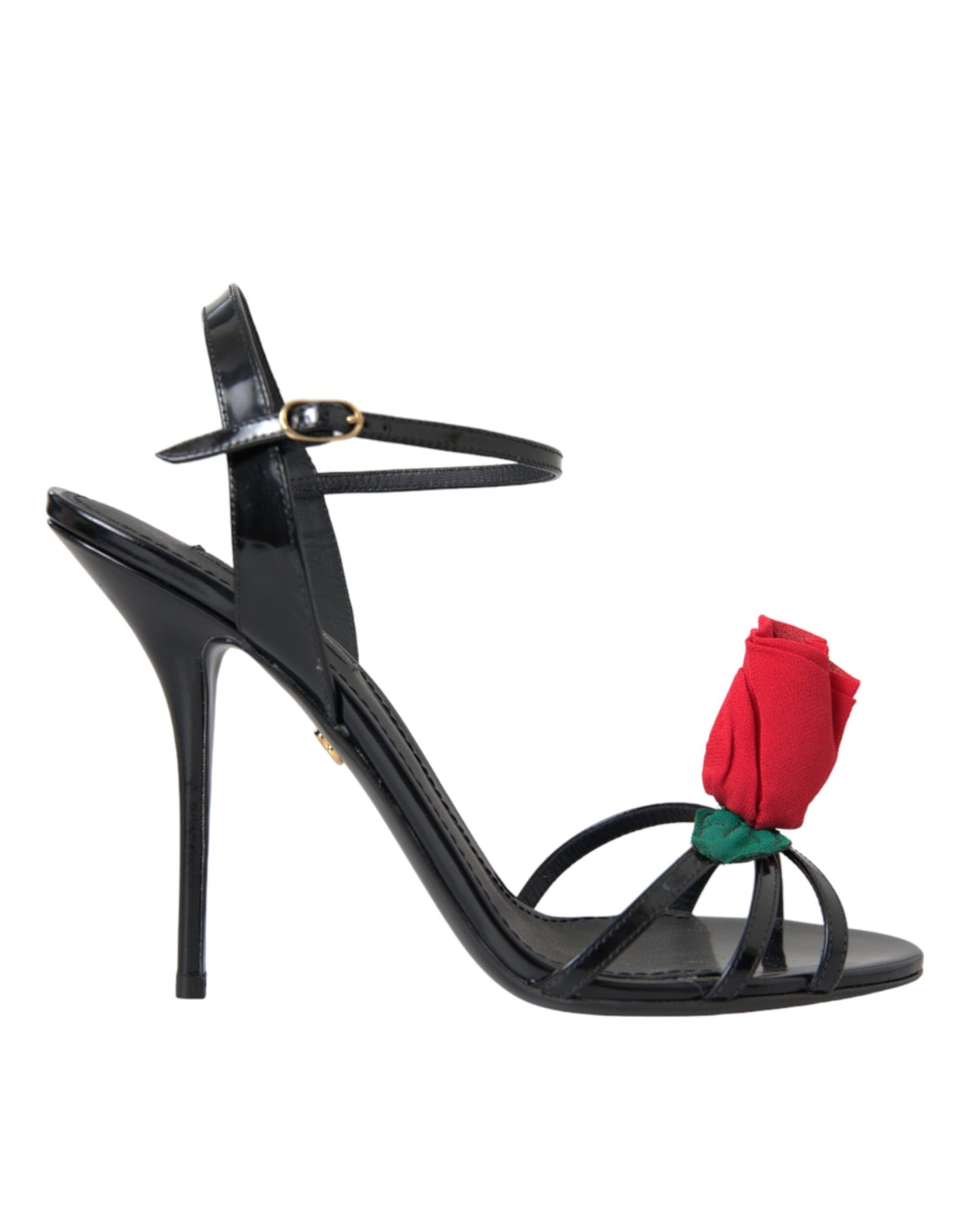 Dolce & Gabbana Black Leather Rose Ankle Strap Heels Sandals Shoes